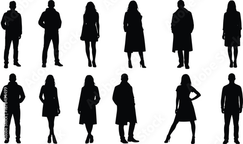 Silhouettes of diverse people standing in various poses, casual and formal attire, body language concept, fashion, lifestyle, crowd illustration design