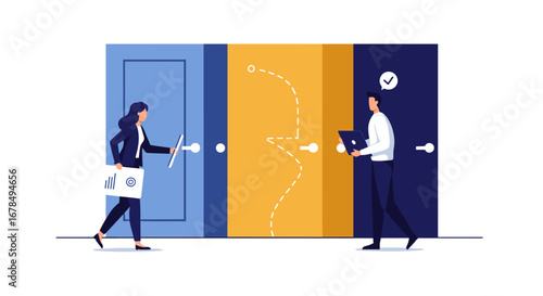 Business decision making concept with two professionals choosing different paths