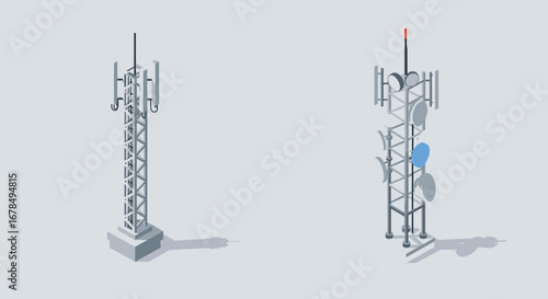 Isometric cellular towers with antennas in light blue background