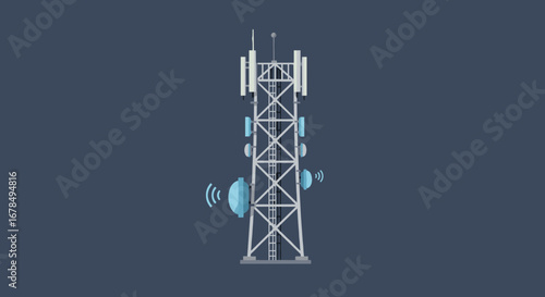 Isometric communication tower with antennas on dark background