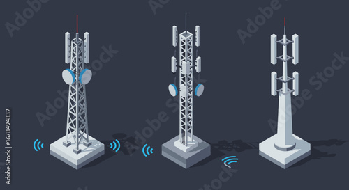 Isometric telecommunication towers with signal waves on dark background