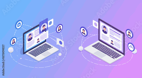 Remote team collaboration concept with laptops and user avatars in isometric style