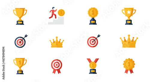 Achievement icons: awards, medals, trophies, and target symbols in flat design