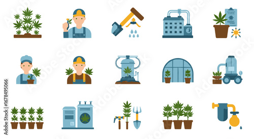 Cannabis cultivation flat icons set: equipment and plant care essentials for modern gardeners
