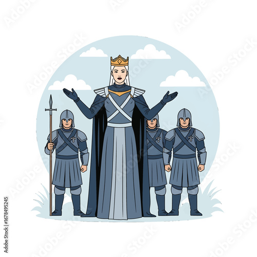 Pixel Art Illustration of a Gray Outfit King with Crown Surrounded by Guards on Cloudy White Background
