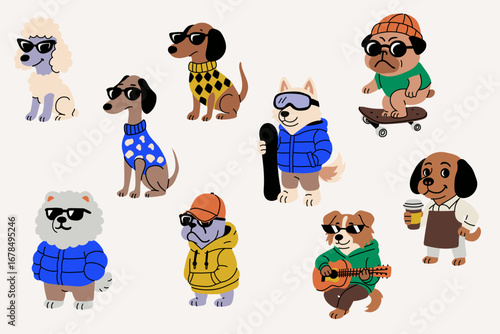 Cool Hipster Dogs in Urban Clothing Set