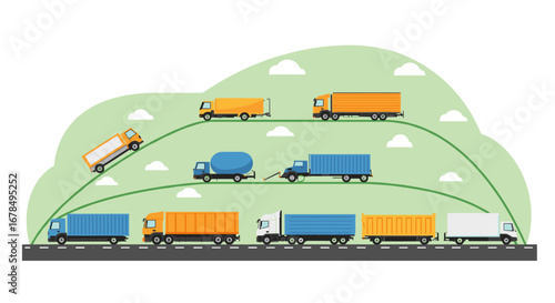 Flat design colorful trucks on road with green background and clouds