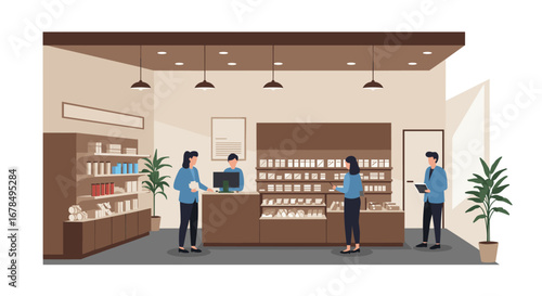 Modern bakery interior with people shopping in minimalist design