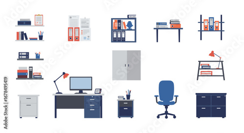 Modern office furniture set: desk, chair, shelves, and accessories in flat design