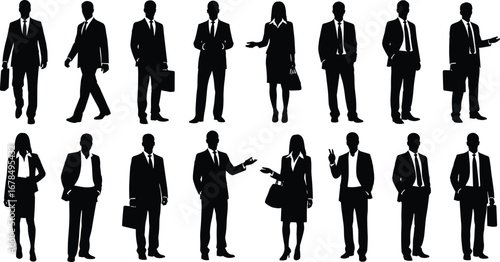 Silhouettes of business professionals in formal attire, walking, standing, gesturing, diverse workplace roles, corporate posture, teamwork, leadership, communication