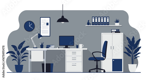 Modern minimalist office workspace with contemporary décor elements