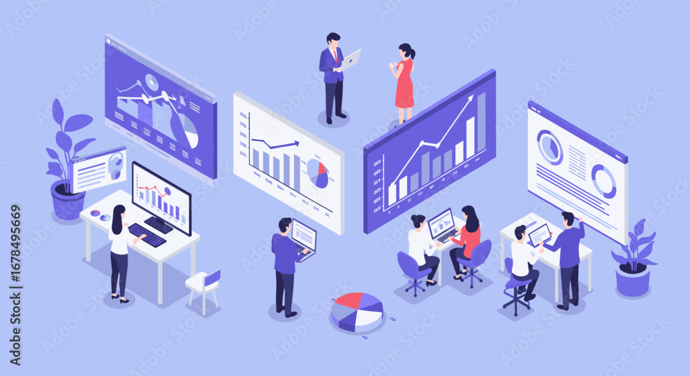 Fototapeta premium Collaborative team analyzing business data in modern isometric office with interactive graphs