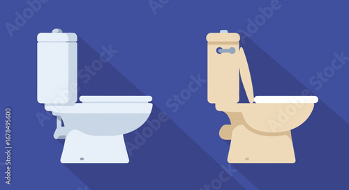 Modern flat design toilet icons with long shadow effect on blue background