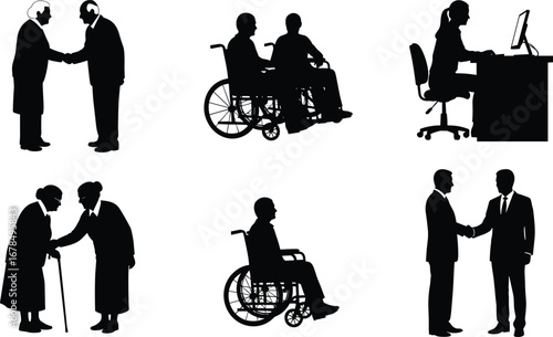 Silhouette scenes of elderly people, wheelchair users, business handshake, office work, and supportive interactions, inclusive social and professional concept illustration