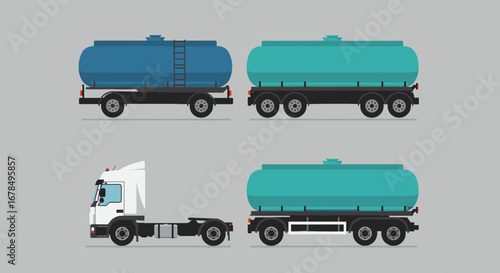 Detailed flat design set of tanker trucks with different trailer styles