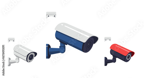 Modern isometric surveillance cameras on white background