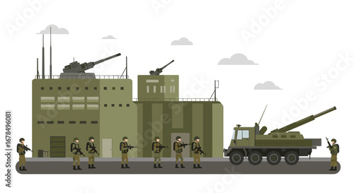 Flat military base with soldiers and armored vehicle in minimalist style