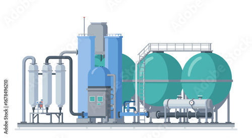 Modern factory with large industrial tanks and machinery in flat design