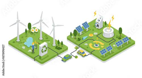 Isometric renewable energy concept with wind turbines and solar panels