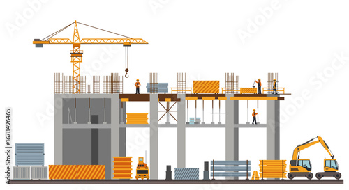 Construction site silhouette with workers and machinery in urban setting