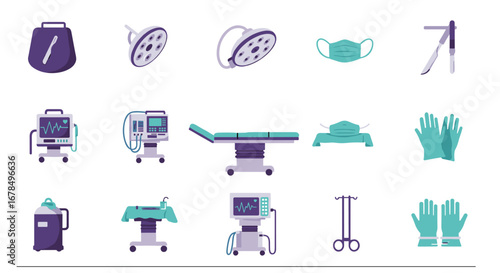 Flat medical equipment icons set including mask, scalpel, and operating table