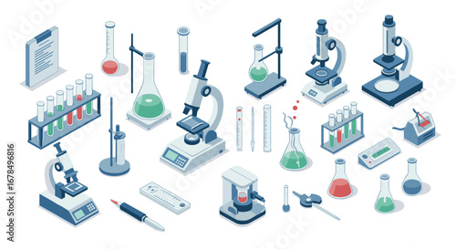Isometric lab equipment icons: microscope, beaker, test tube, and more for scientific illustrations
