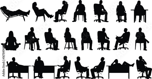 Silhouette collection of people sitting in various postures, office chairs, lounge seating, meditation, working, relaxing, ergonomic positions, vector illustration