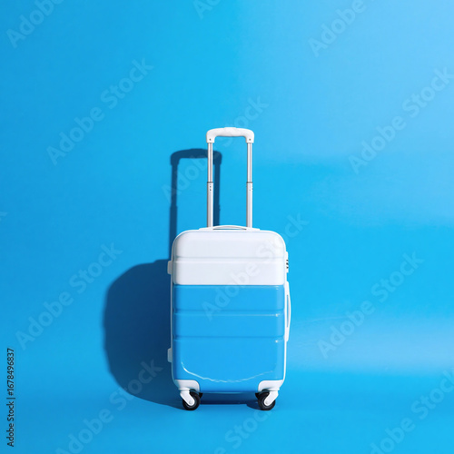 Blue Suitcase with Telescopic Handle on Solid Blue Background