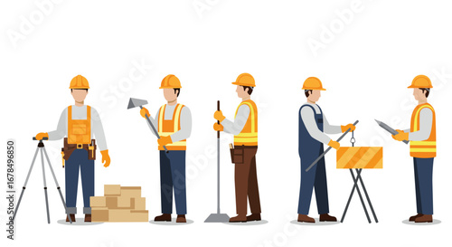 Construction workers in various positions and attire on white background