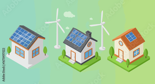 Isometric eco-friendly homes with solar panels and wind turbines