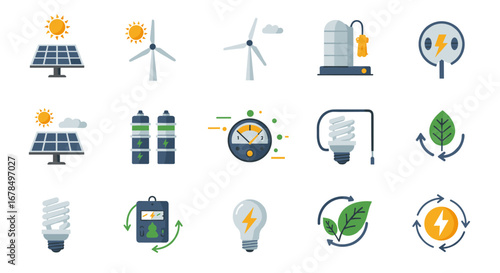 Eco-friendly energy solutions and renewable power technology icons set