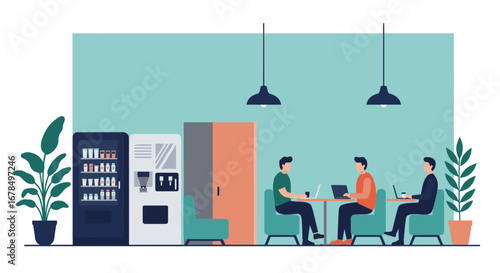 Modern office break room with vending machines and laptops in flat design