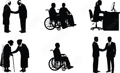 Inclusive silhouettes of elderly people, wheelchair users, and professionals interacting in diverse social and business settings, vector illustration for accessibility themes