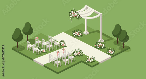 Elegant outdoor wedding ceremony setup with chairs and floral decor in a garden setting