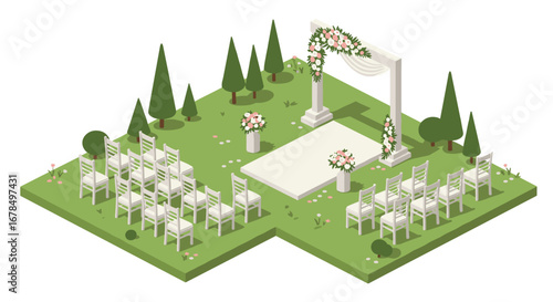 Outdoor wedding ceremony with floral decorations in isometric style