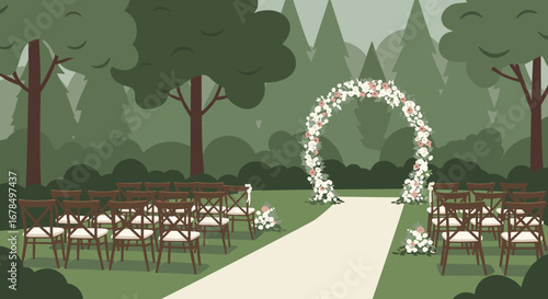 Outdoor wedding ceremony setup with floral arch in lush green garden