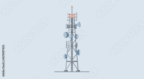 Flat design communication tower with antennas and signal waves