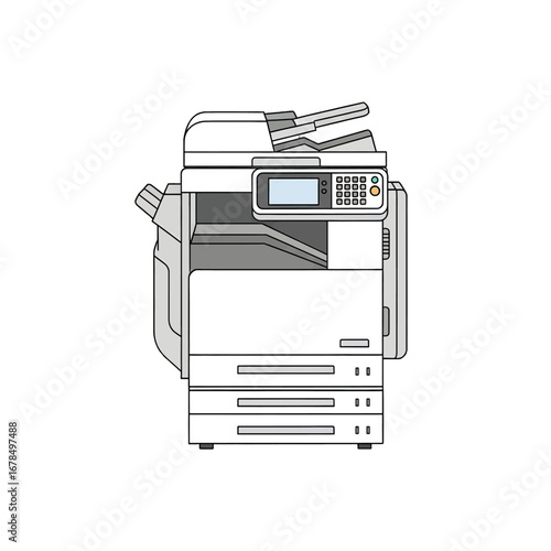 Illustration of a White and Gray Office Copier Isolated on a White Background Business Equipment and Technology for Print Scan and Copy