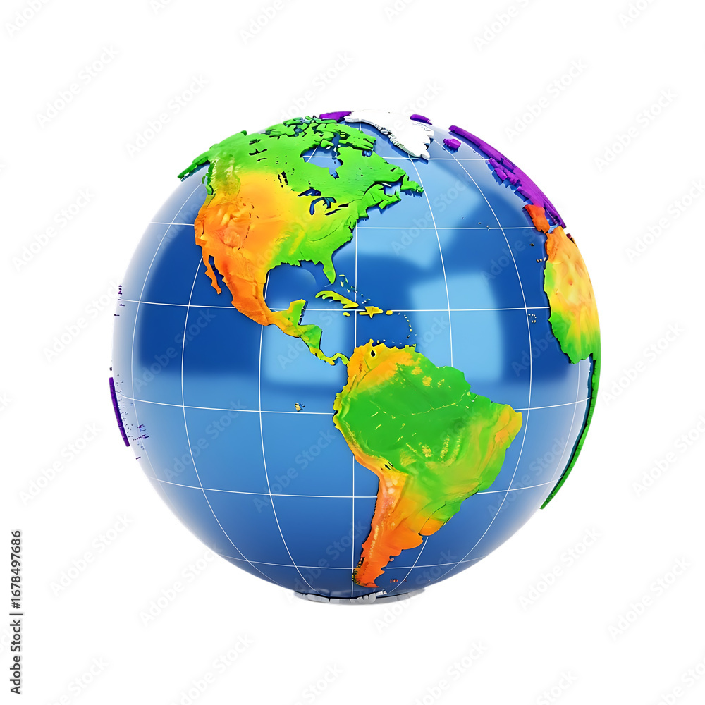 Naklejka premium 3d icon of colorful globe isolated on transparent background, representing the world, geography, and international travel, showcasing continents and countries in a vibrant display