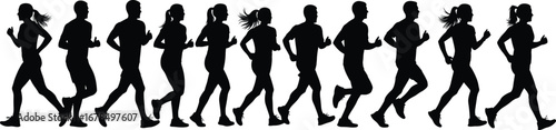 Silhouette sequence of male and female runners showing dynamic motion phases, athletic training, sports biomechanics, fitness exercise, marathon race illustration vector