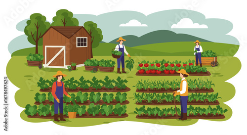 Community gardening scene with farmers harvesting vegetables in a lush green landscape
