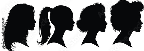 Four female head silhouette profiles with different hairstyles in side view, black vector illustration for beauty, fashion, hair design, and style concepts