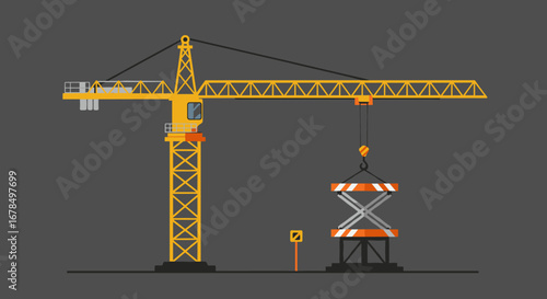 Flat construction crane lifting platform on dark background