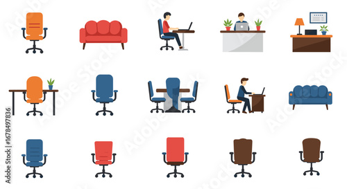 Office and furniture icons set – workplace seating and desks in flat design
