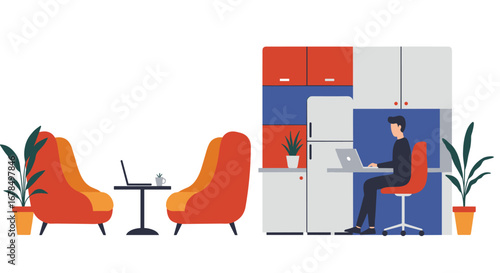 Office workspace with modern furniture and minimalist design elements