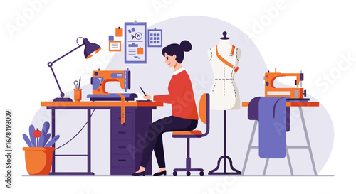 Fashion designer in seamstress studio with sewing machines and mannequin