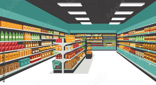 Bright grocery store interior with fully stocked shelves in flat design