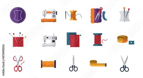 Sewing tools collection: modern icons of machines, thread, scissors, and more