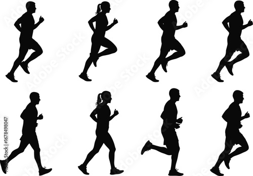 Dynamic running silhouettes of male and female athletes in various sprinting poses, sports vector illustration for fitness, marathon, and training concepts