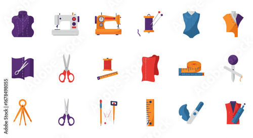 Colorful sewing equipment icons for tailoring and fashion design projects